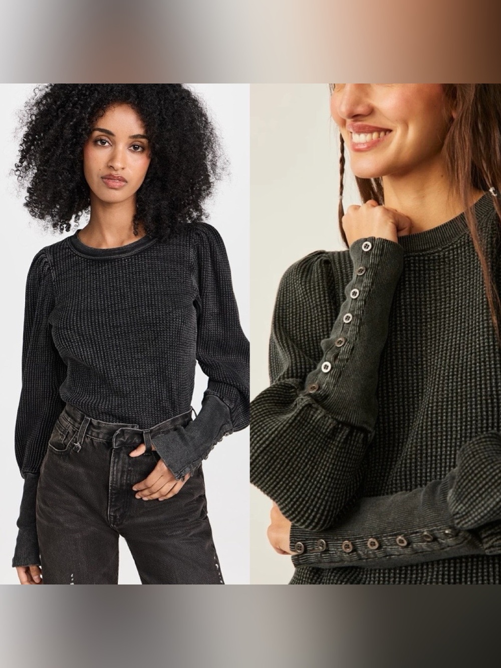 Free People FP One Wesley Washed Black Waffle Knit Thermal Puff Sleeve Top XS